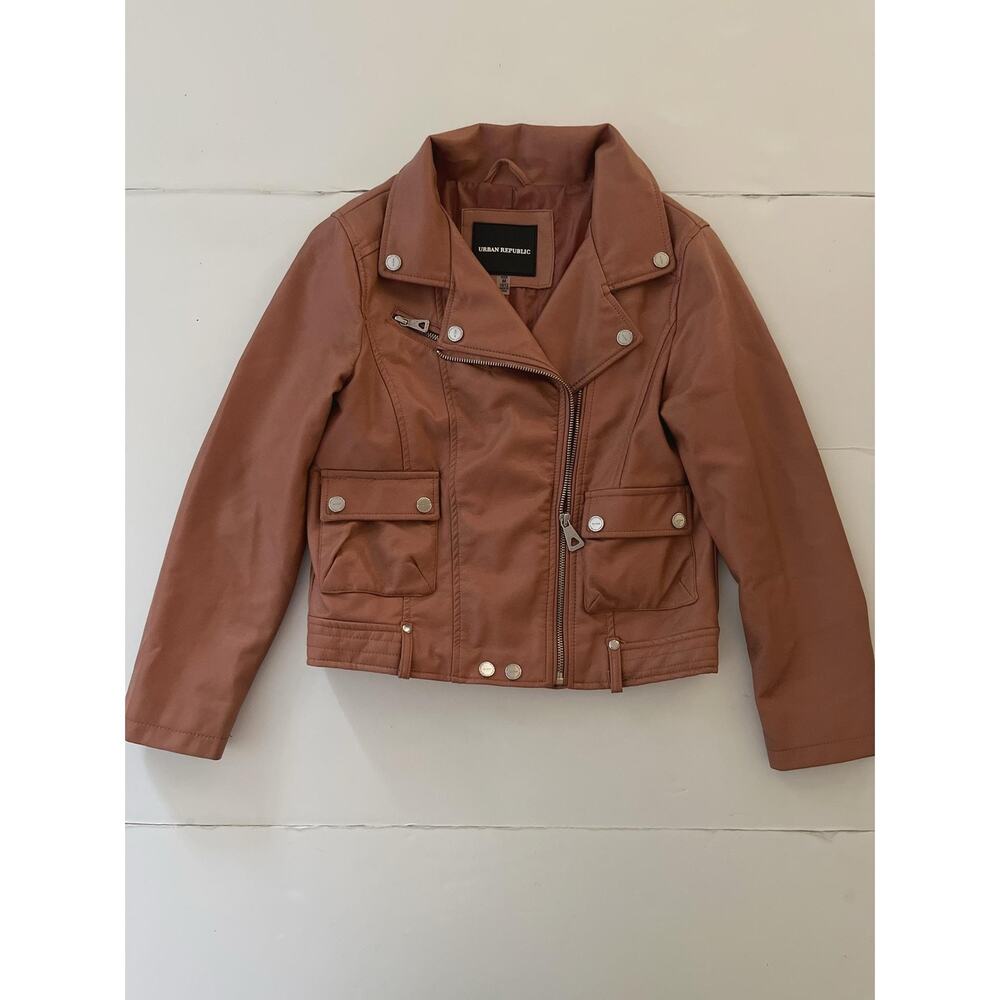 Urban Republic Jacket Girls 10/12 Brown Faux Leather Moto Biker Zip Pockets